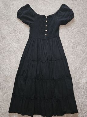 Women's Black Puff-Sleeve Tiered Maxi Dress with Button Front